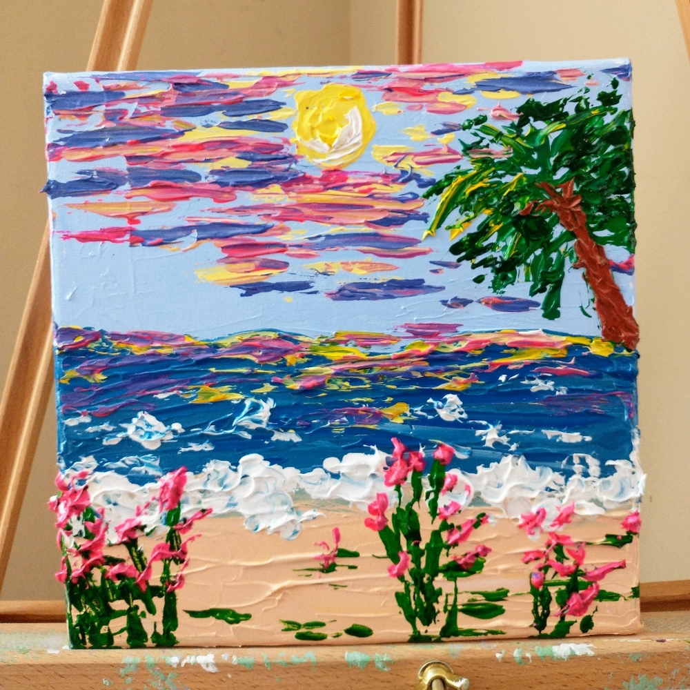 Acrylic painting on canvas,  beach sunset texture painting